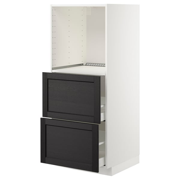 Ikea METOD white and black kitchen cabinet with gray wooden drawers.