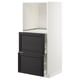 Ikea METOD white and black kitchen cabinet with gray wooden drawers.