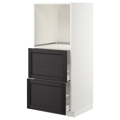 Ikea METOD white and black kitchen cabinet with gray wooden drawers.