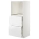 White ikea METOD kitchen cabinet with glossy finish, handles, open shelf, and drawers.