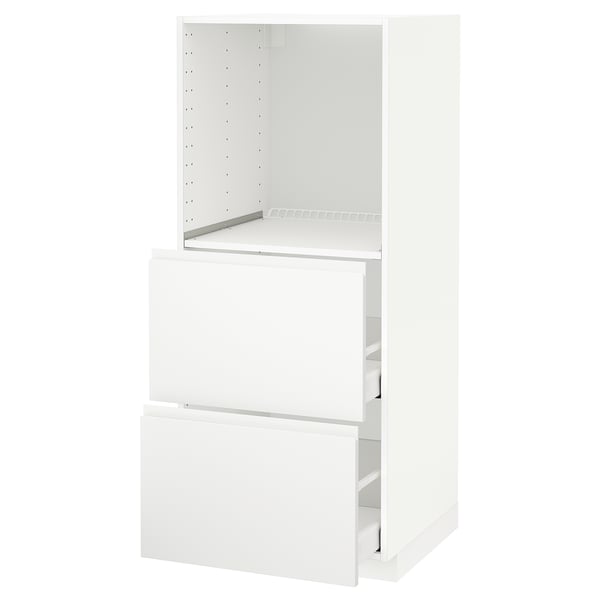 A white METOD kitchen cabinet set with minimalist design, featuring smooth drawer fronts and an adjustable shelf.