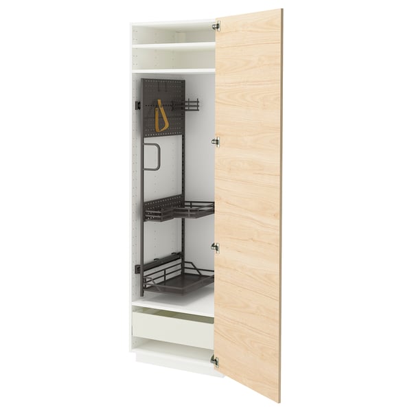 Modern light wood and white kitchen cabinet with pull-out shelves and drawers.