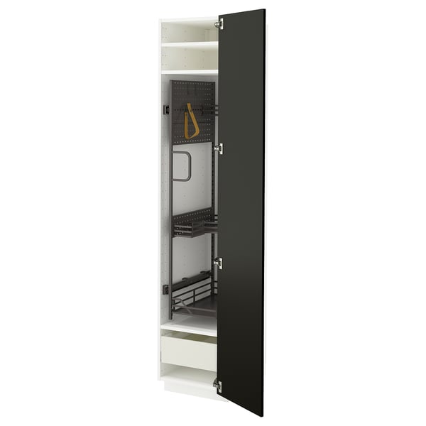 A black METOD kitchen cabinet with an adjustable shelf and pull-out drawer. It modern design and beveled edges.