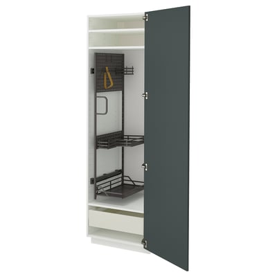 Open modern gray-green cabinet with adjustable shelves and pull-out drawer.