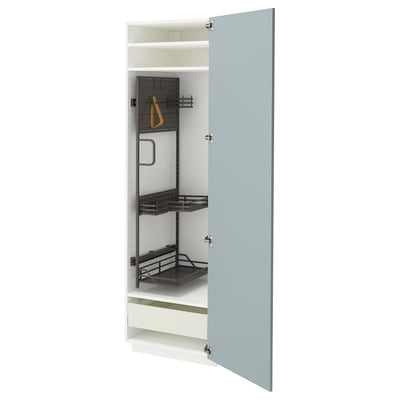 Open gray-blue cabinet showing drawers, shelves, and hooks inside.
