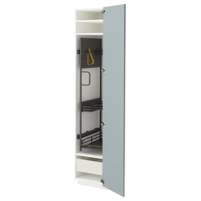 Ikea METOD kitchen cabinet, grey-blue, high-gloss, open, with shelves and drawers.