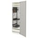 Image shows an open METOD kitchen cabinet with light grey lerhyttan doors, featuring pull-out shelves and adjustable compartments.
