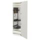 Open white METOD kitchen cabinet with grey shelves and pull-out drawer.