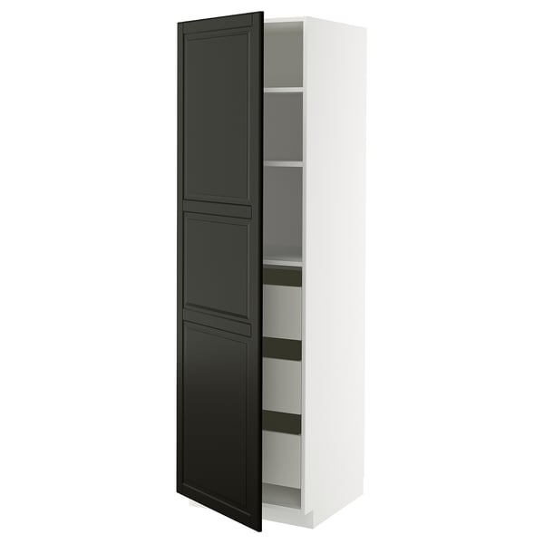 Black and white tall kitchen cabinet with adjustable shelves and dark grey bevelled doors.