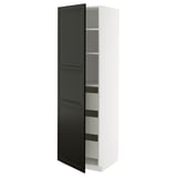 Black and white tall kitchen cabinet with adjustable shelves and dark grey bevelled doors.