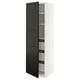 Black and white tall kitchen cabinet with adjustable shelves and dark grey bevelled doors.
