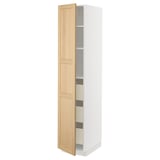 METOD white tall cabinet, oak door, 3 shelves, soft-close drawer.