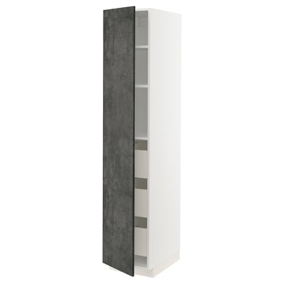 A tall white METOD cabinet with a dark grey kalhyttan door, featuring sleek modern lines and adjustable shelves.
