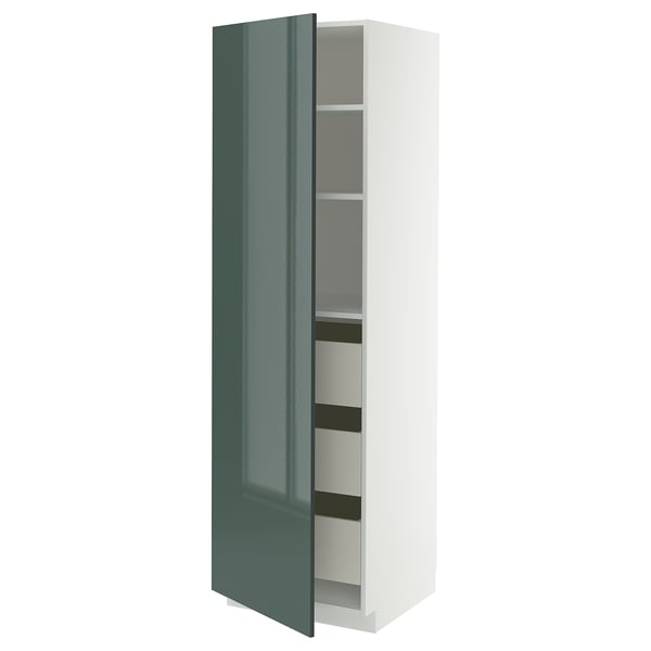 Modern kitchen cabinet in white with a high-gloss dark green door, featuring multiple shelves and drawers.