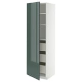 Modern kitchen cabinet in white with a high-gloss dark green door, featuring multiple shelves and drawers.