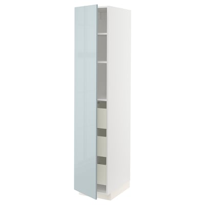 Ikea METOD high cabinet in blue-gray with shelves and a closing drawer.