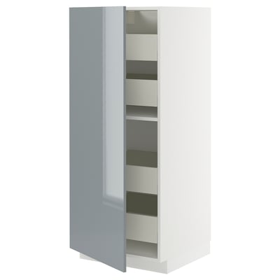 METOD bike, high-gloss grey-blue, slim vertical cabinet with drawers.