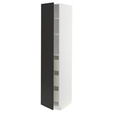 White METOD cabinet with open black door, sleek design.