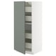 This image shows the METOD kitchen storage unit with grey-green nickebo fronts, featuring adjustable shelves and a white frame.