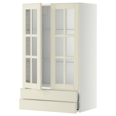 White kitchen cabinet with glass doors and drawers, featuring a modern design.