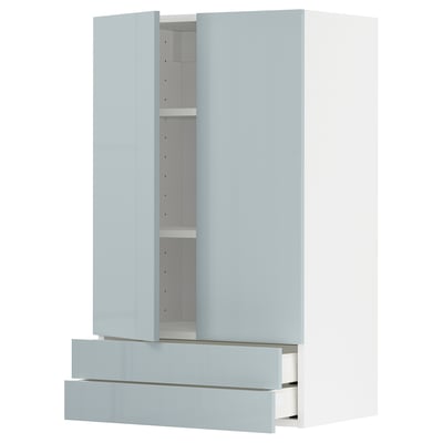 A light blue-gray METOD kitchen cabinet with two doors and two drawers. The modern design high-gloss, sleek surfaces and smooth-running drawers.