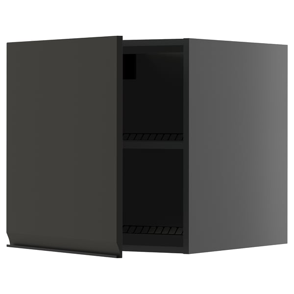 Open dark grey kitchen cabinet with matte finish and two shelves. Modern, minimalist design.