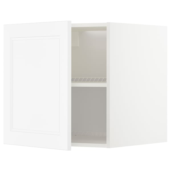 White kitchen cabinet with door open, showing shelves, part of METOD series, minimalist design.