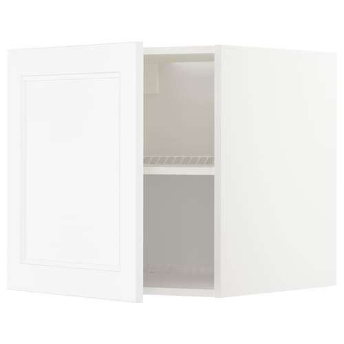 White kitchen cabinet with door open, showing shelves, part of METOD series, minimalist design.