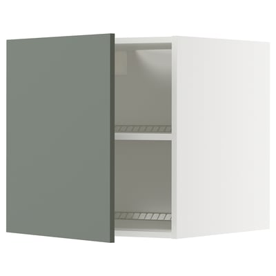 Open green-gray cabinet, white interior, two shelves.