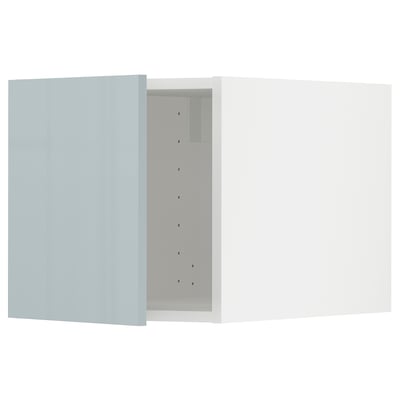 Ikea METOD kitchen unit in grey-blue high-gloss finish with multiple shelves, modern and sleek design.