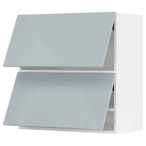 Modern kitchen cabinets, METOD system with kallarp high-gloss grey-blue doors, square design.