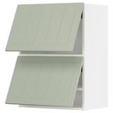 Light green ikea METOD kitchen cabinets in rectangular shape with vertical grooves.