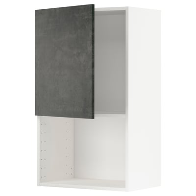 A modern kitchen cabinet named METOD with a dark grey concrete effect door, featuring snap-on hinges and adjustable shelves.