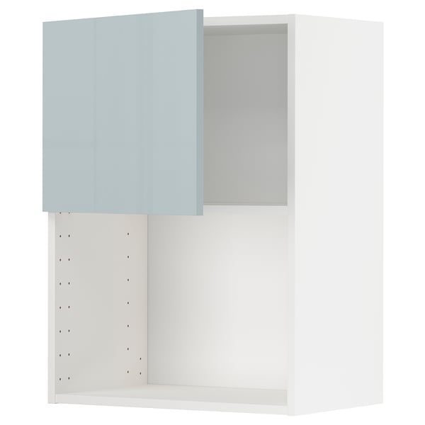 This image shows the METOD kitchen cabinet in white with a high-gloss grey-blue door and snap-on hinges.