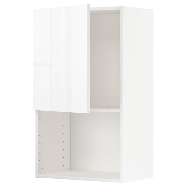 White high gloss kitchen cabinet with glass door and metal shelves.