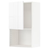 White high gloss kitchen cabinet with glass door and metal shelves.