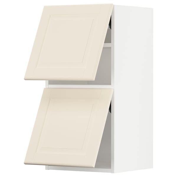 White off-kitchen cabinets: two wall units with beveled off-white doors.