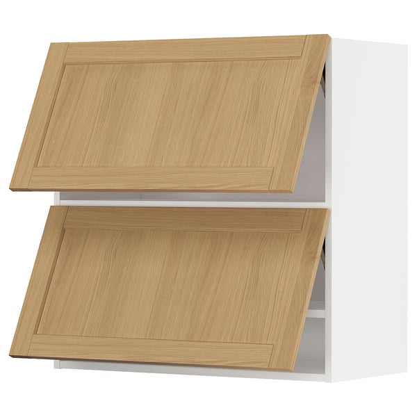 Modern wooden kitchen cabinet with two oak shelves.
