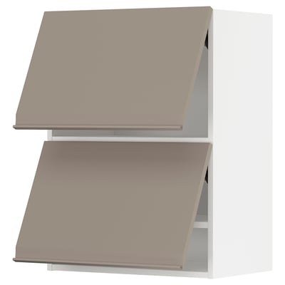Two-tone grey-brown modern kitchen cabinets. Sleek, minimalist design with integrated handles.