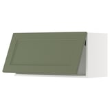 Greenish-gray modern kitchen cabinet with flat panel design.