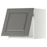 Gray kitchen cabinet door with beveled edges and square design.