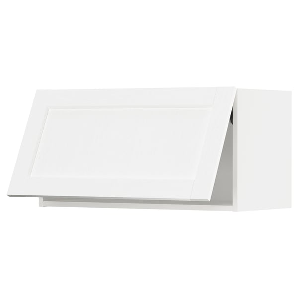 White kitchen cabinet with sleek, angular design. Subtle wood grain texture and high-quality finish.