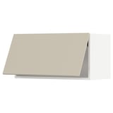 Beige kitchen cabinet. Modern design. Beige flat surface. Smooth edges. Aluminum frame.