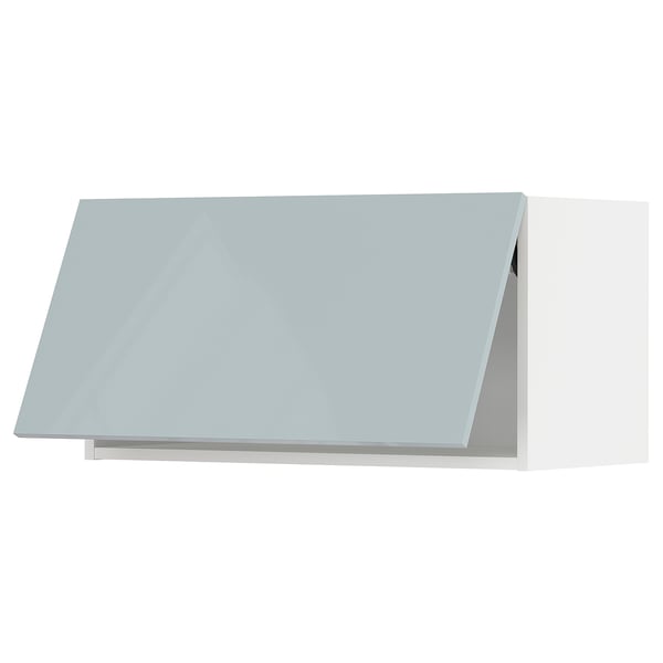 Modern grey-blue kitchen cabinet with sleek, high-gloss finish and minimalist design.