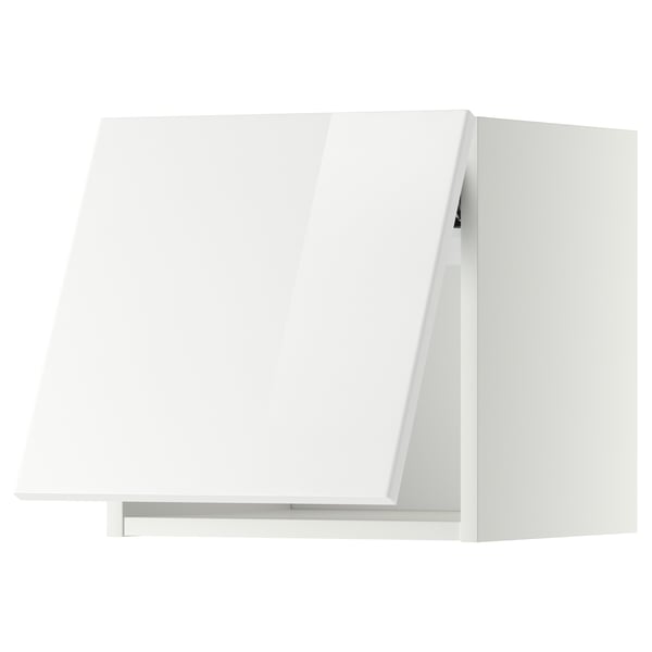 White modern kitchen cabinet with sleek, glossy finish. Rectangular shape, high gloss door.