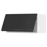 Modern black kitchen cabinet with sleek handle, angled design.