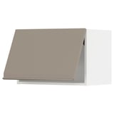 Modern kitchen cabinet in grey-beige with flat panel design and integrated handle.
