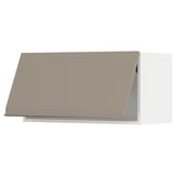 A modern kitchen cabinet with a matte grey-beige finish, featuring a sleek, integrated handle and a rectangular shape.