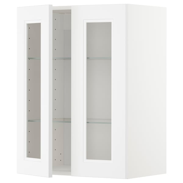 White ikea METOD kitchen cabinet set with glass doors. Minimalist, modern design.