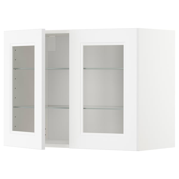 White METOD kitchen cabinet with glass doors, modern minimalist design.